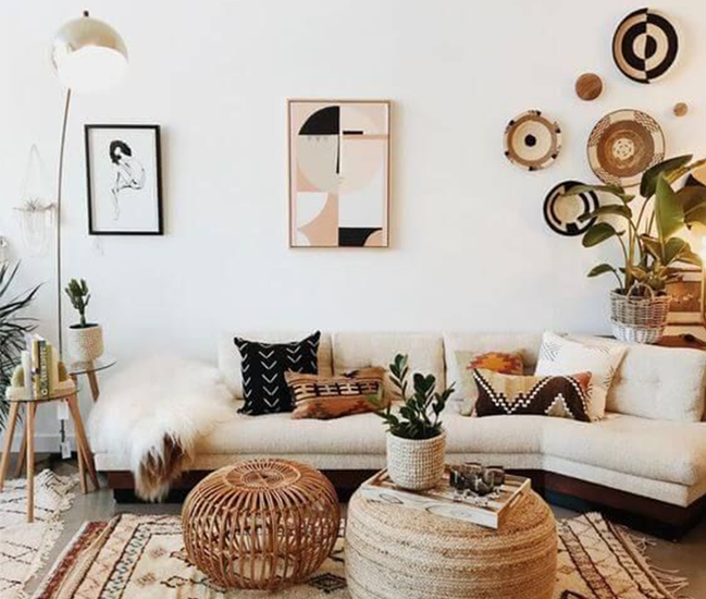 Sofa, wall art and unique coffee table/ottoman