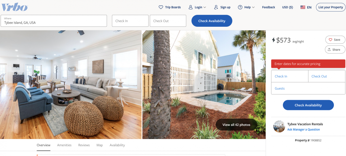 a VRBO listing showing Pam's house at $573 USD per night, and two featured photos include a backyard pool with palm trees and a whitewash house, and a living room with rattan poofs and a blue couch