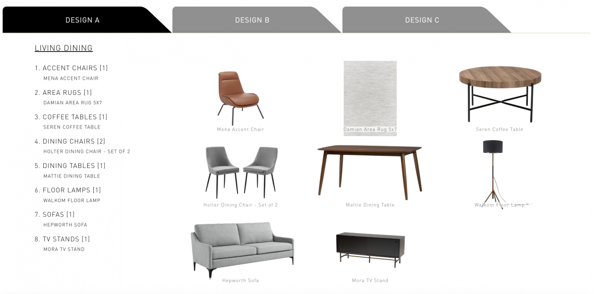 A design proposal, package A includes a mena accent chair, damian area rug, seren coffee table, holter dining chair, mattie dining table, walkom floor lamp, hepworth sofa, mora tv stand.