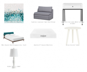 Furnishr design proposal package including stools, sofa beds and lamps