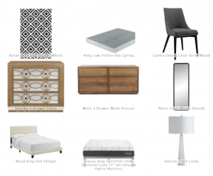 Furnishr design proposal package including carpet, dressers, beds